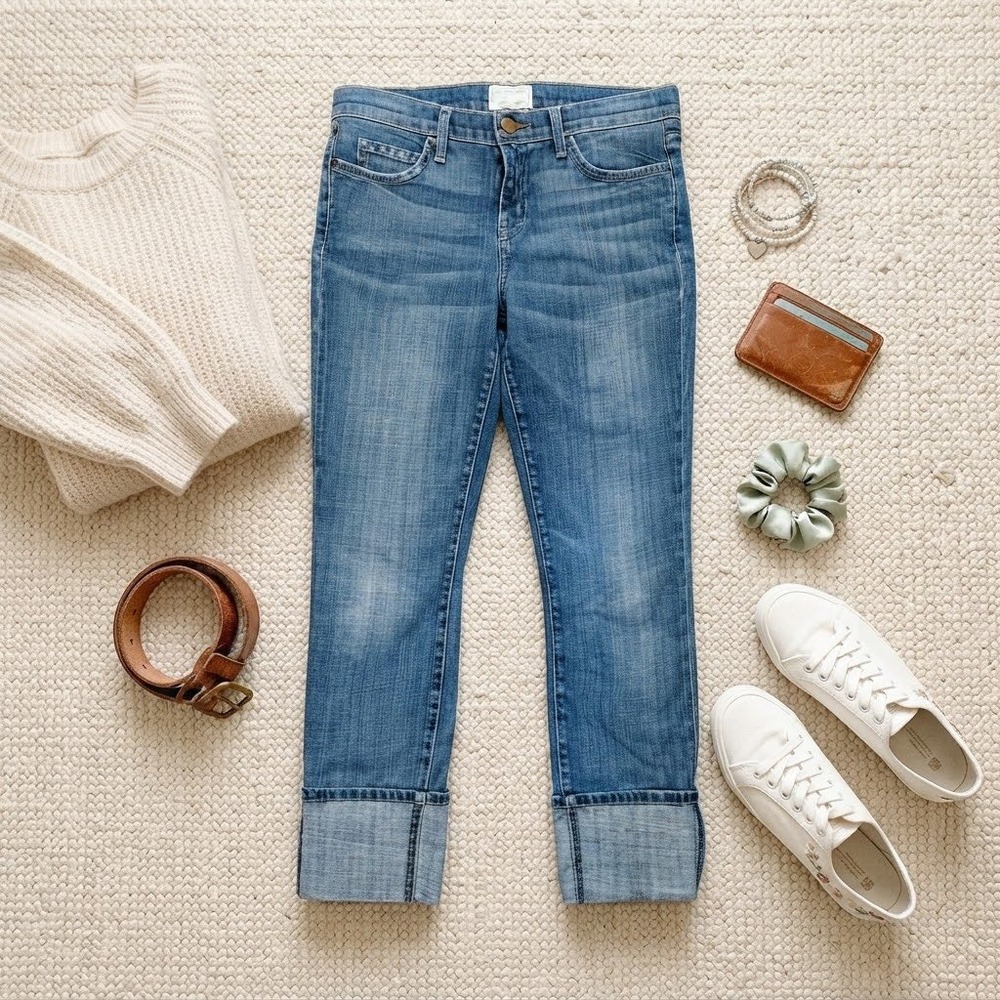 Current/Elliott Women Blue Straight Leg Cropped Jeans Sewn Cuff Size 29